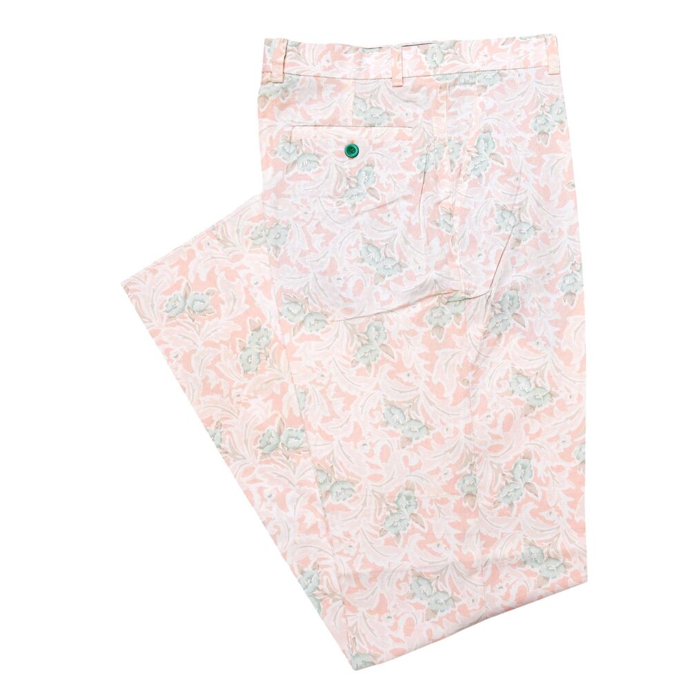 Mens 32 Pink Green Floral Pants Cotton Flat Front Straight Fit Dress Trousers